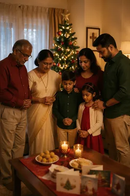 Indian Family Praying by Christmas Tree