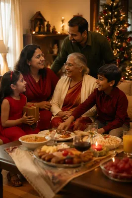 Indian Family Gathering by Christmas Tree