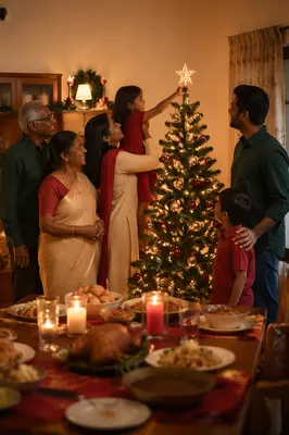 Indian Family Decorating Christmas Tree Indoors