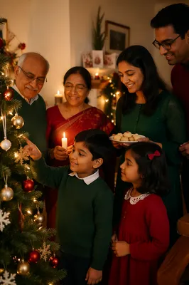 Indian Family Decorating Christmas Tree Indoors