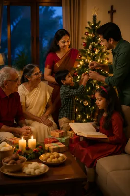 Indian Family Decorating Christmas Tree Indoors