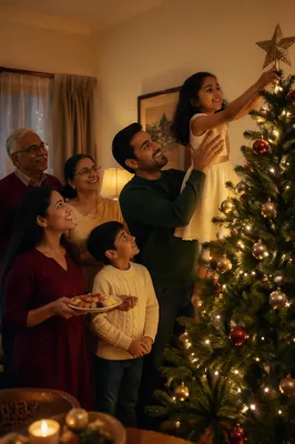 Indian Family Decorating Christmas Tree Together