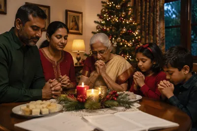 Indian Family Praying by Christmas Tree