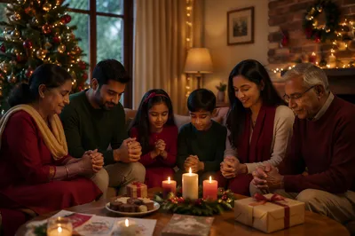 Indian Family Praying by Christmas Tree