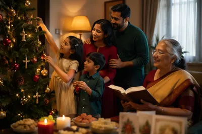 Indian Family Decorating Christmas Tree Together