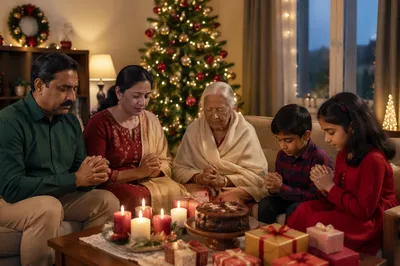 Indian Family Praying by Christmas Tree