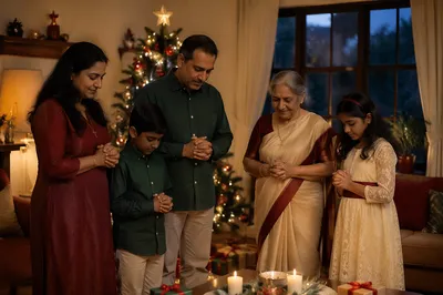 Indian Family Praying by Christmas Tree