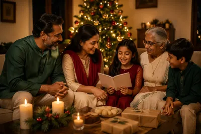 Indian Family by Christmas Tree Indoors