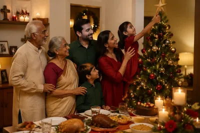 Indian Family Decorating Christmas Tree Together