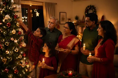Indian Family Decorating Christmas Tree Indoors