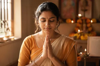 Indian Woman Praying in Home Corner