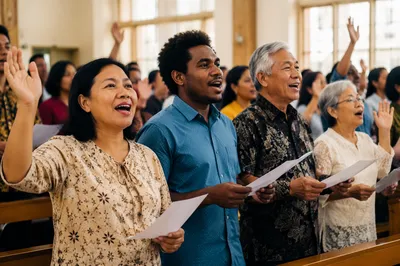 Diverse Indonesian Congregation Singing Together Indoors