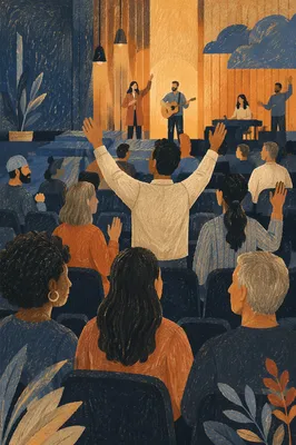 Diverse Audience Raising Hands in Auditorium