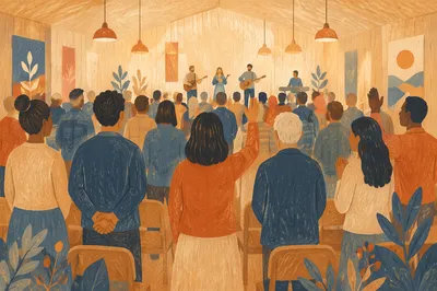 Diverse Congregation in Warmly Lit Hall