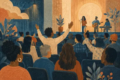 Diverse Congregation in Warm Lit Auditorium
