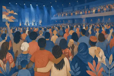 Diverse Congregation in Blue Lit Auditorium