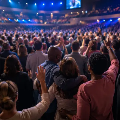 Diverse Congregation in Blue Lit Auditorium