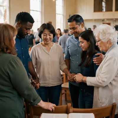 Diverse Adults Gathered in Bright Community Hall