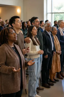 Diverse Congregation Singing in Community Hall