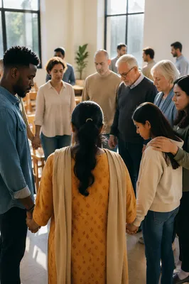 Diverse Group Holding Hands in Community Hall