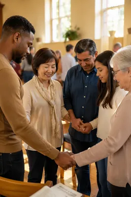 Diverse Adults Gathered in Bright Community Hall