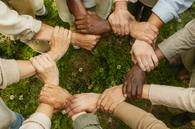 Diverse Hands Forming Circle on Grass