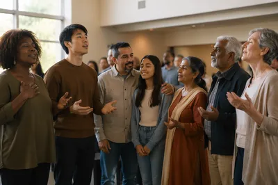 Diverse Congregation Singing in Community Hall