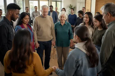 Diverse Adults Praying in Sunlit Hall