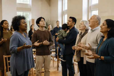 Diverse Group Gathered in Bright Community Hall