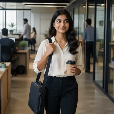 Young Intern Arriving at Modern Office