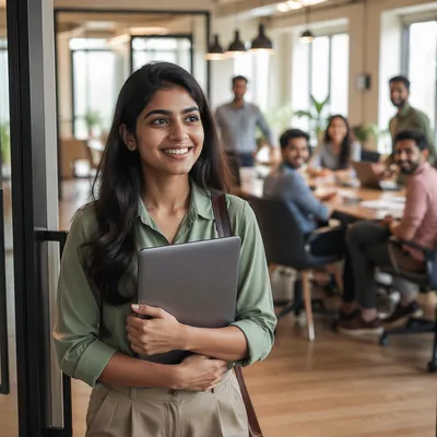Young Intern Entering Modern Office