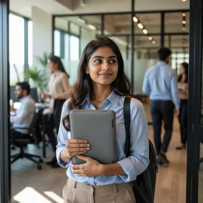 Young Intern Entering Modern Office Workspace