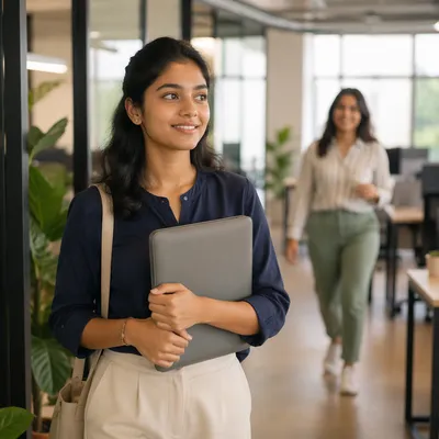 Young Intern Entering Modern Office Workspace