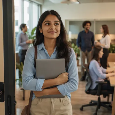 Young Woman Entering Modern Office Workspace