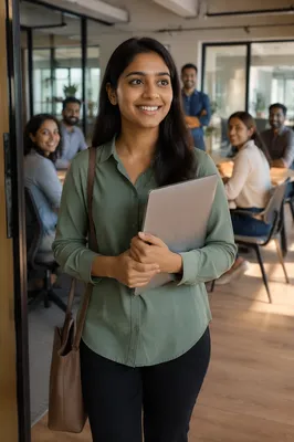 Young Office Intern Holding Laptop Indoors