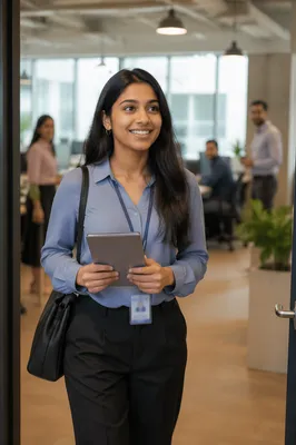 Young Intern Entering Modern Office Workspace