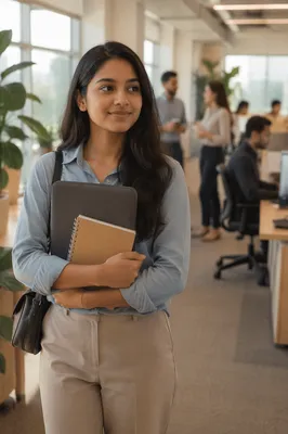 Young Woman Entering Modern Office Workspace