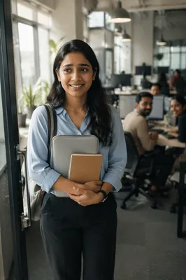 Young Intern Entering Modern Office Workspace
