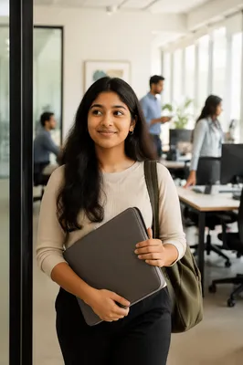 Young Intern Entering Modern Office Workspace
