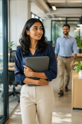Young Woman Entering Modern Office Workspace