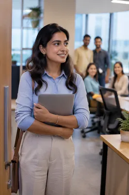 Young Intern Entering Modern Office Workspace