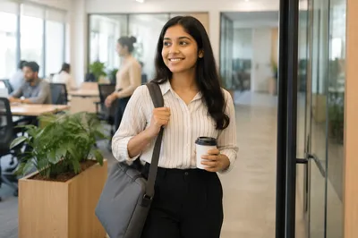 Young Woman Entering Modern Office Workspace
