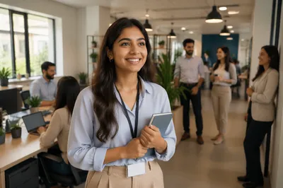 Young Intern Arriving at Modern Office