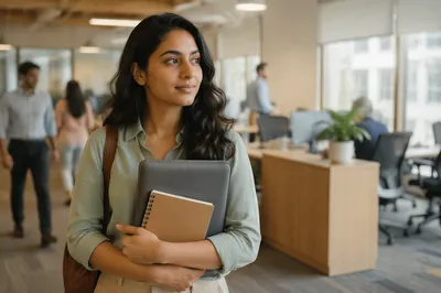 Young Woman Entering Modern Office Workspace