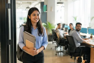 Young Intern Entering Modern Office Workspace