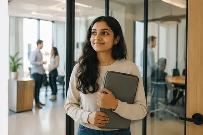 Young Intern Entering Modern Office Workspace