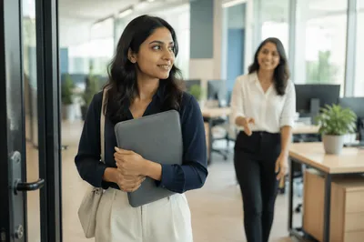 Young Intern Entering Modern Office Workspace