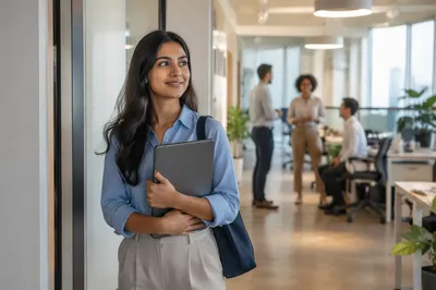 Young Woman Entering Modern Office Workspace