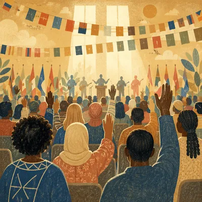 International Church Gathering with Raised Hands