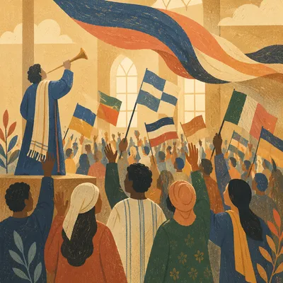 Congregation Waving Colorful Flags in Church